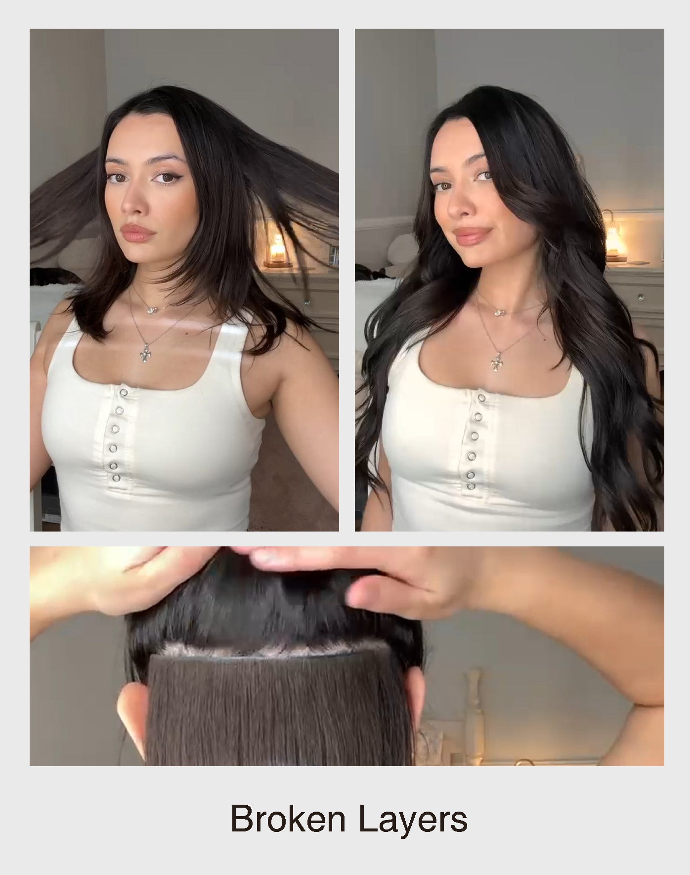 Uneven, broken layers achieves a smooth, voluminous look using Invisible Clip-Ins