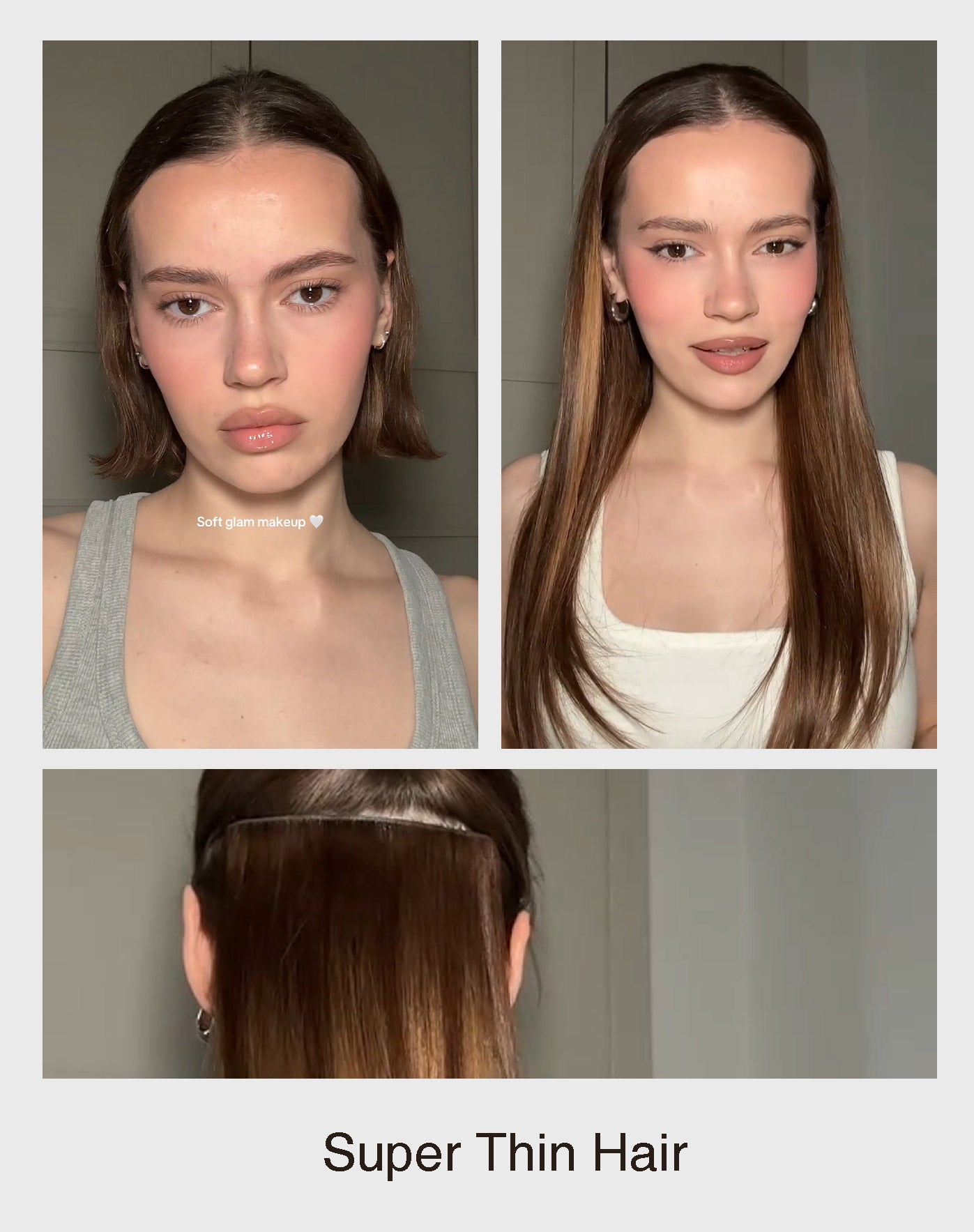 Before and after showing Invisible Clip-Ins on super thin hair