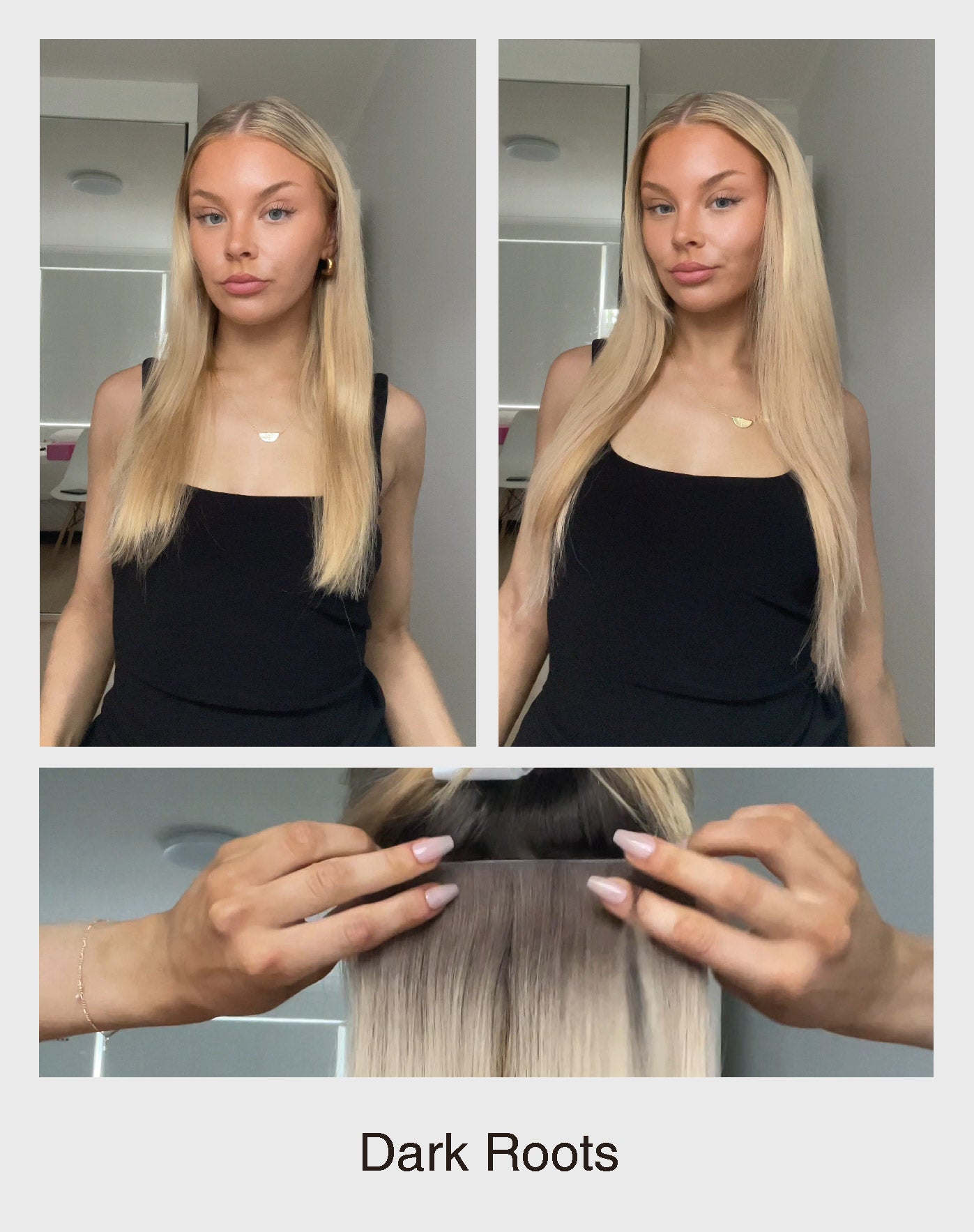 Hair with dark roots uses root-matching Invisible Clip-Ins to add length and fullness