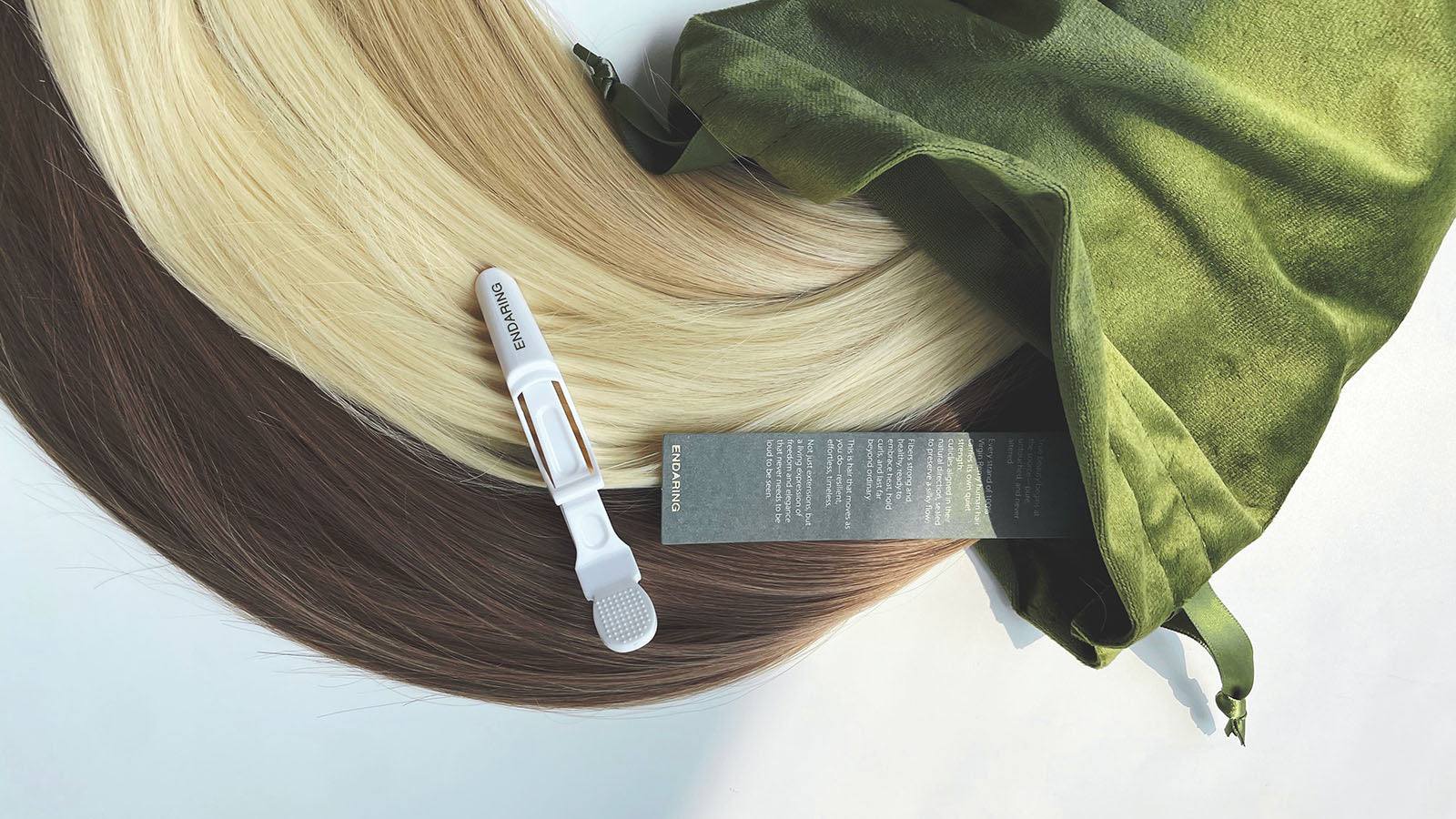 Clip-in and tape-in hair extensions with care tools